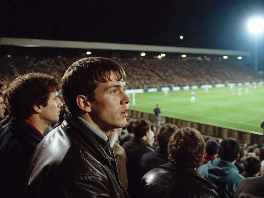 Rastrerat arkivfoto av en fylld läktare på en svensk fotbollsarena kvällstid under ett mästerskap på 1990-talet