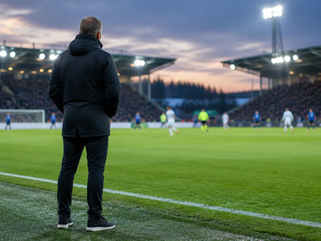 Fotbollstränare vid sidlinjen på en upplyst arena under en kvällsmatch