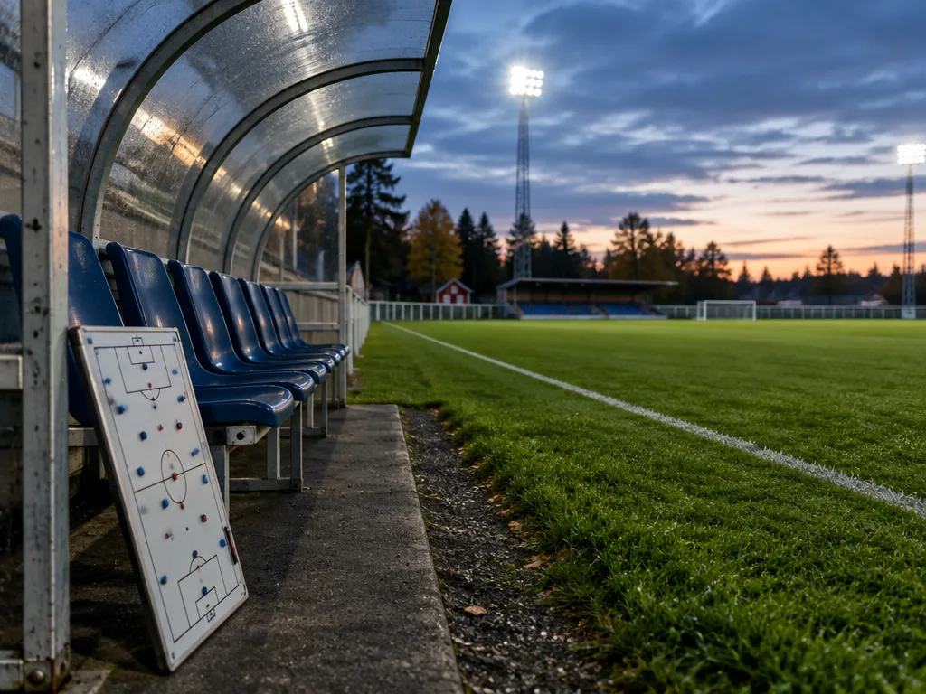 Tom avbytarbänk med taktiktavla vid en upplyst fotbollsplan i skymningen