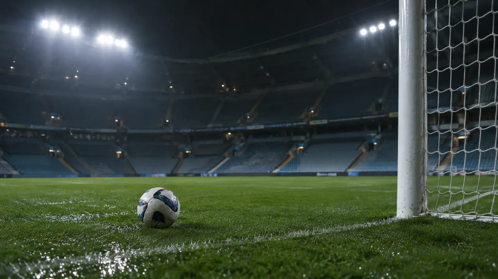 Spelare i rad inför avspark på en fotbollsarena en kväll i oktober