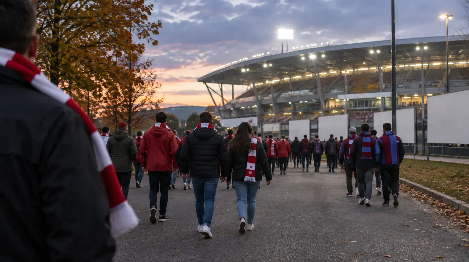 Supportrar i rött och vitt samt vinrött och blått går mot arenan i kvällsljus